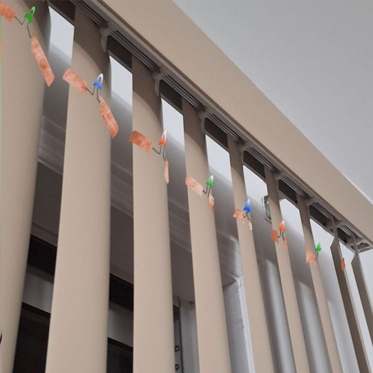 Mockup of the circuit in its off state. Ideally, tape would connect to each end of an LED and wrap slightly around the sides of each panel so there's enough room for them to connect signals between each other