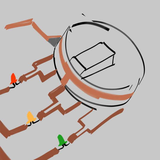 The circuit would work by connecting a strip of tape to the top of the nob, and when it came into contact with the tape connected to an LED it would light up. Tape would be placed connecting the knob tape and a ring created all around the knob higher than the base so it could conduct electricity from the battery, with a small ramp being added to ensure a proper connection