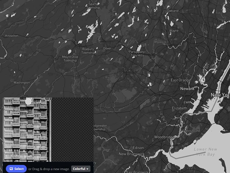 I started using cartogram. I followed one of the examples in the tutorial that used a black and white image, and the result ended up looking like a dark mode monochrome map. It was interesting to see how cartogram instantly updated the map after uploading an image.