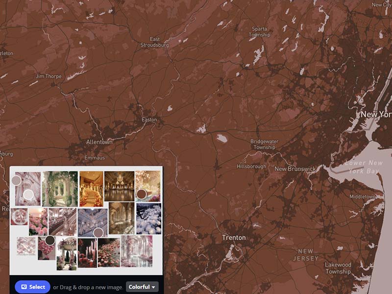 I had a moodboard I prepared for a personal project and decided to test how cartogram would respond to multiple images. There were neutral colours mixed with a lot of pink, so the overall map is slightly rose tinted.