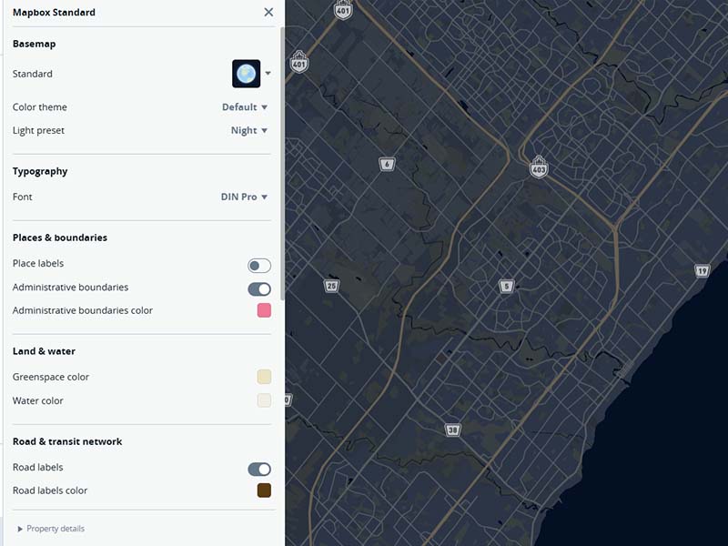 This is another test with the light presets in mapbox. This is set to Night and I found out that the roads aren't fully shaded and stand out against the rest of the dark background. If I wanted to style a map I probably wouldn't use this setting, or at least choose appropriate colors instead of the current one.