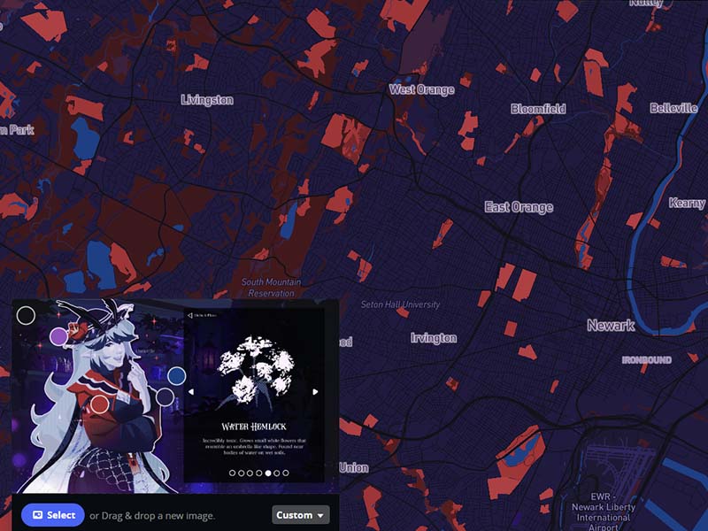 I've made a lot of art where I had to consider the palette and mood myself, so I wanted to test how cartogram interpreted the decisions I made in my work. This piece is mostly purple with some red accents on the subject, and the map reflected this also being dark purple with the greenspace sampling the red.