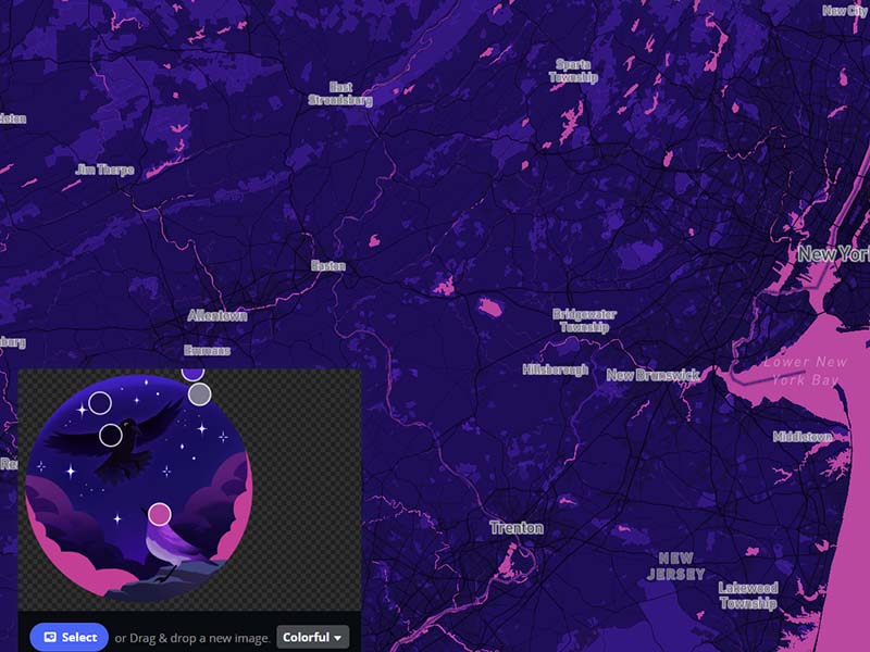 Another purple and pink map, but this one is similar to the previous map, where land and greenspace are darker than the bright-coloured water. The contrast between the two creates an interesting effect that could be used in a future concept.
