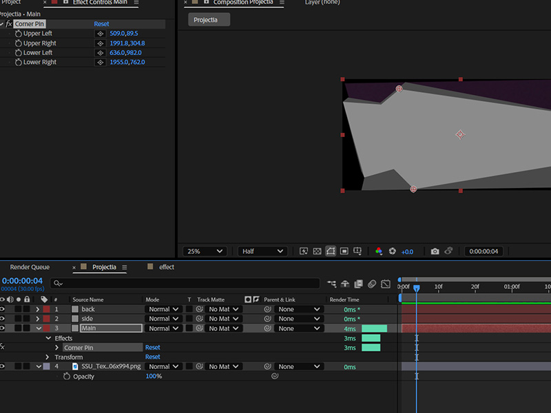 We had to create solids and use corner pin for all 3 visible side of the wall template to create a base to copy onto any effects we wanted to see on the wall.