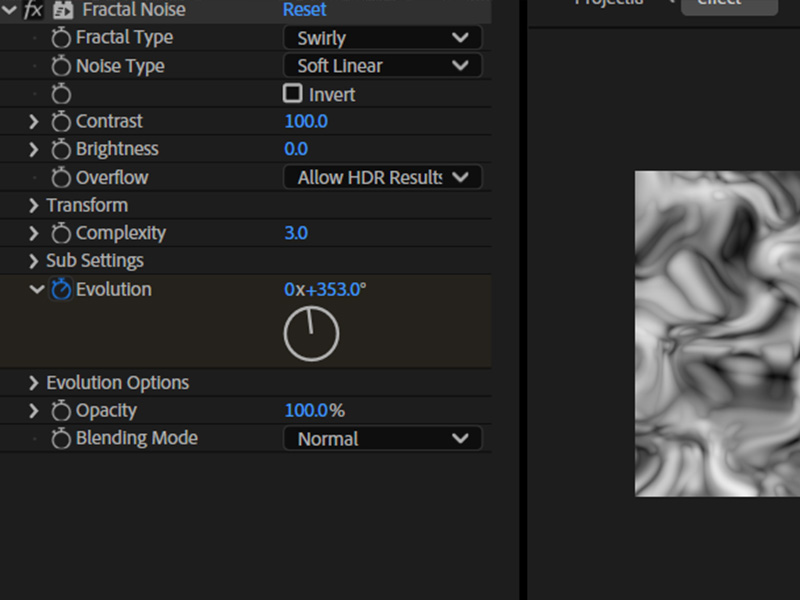 I knew I wanted to use my knowledge of after effects for this part of the activity, so I played around with some of the generative effects in order to create some watery patterns that would move according to it's evolution. My settings are inlcluded in the picture.
