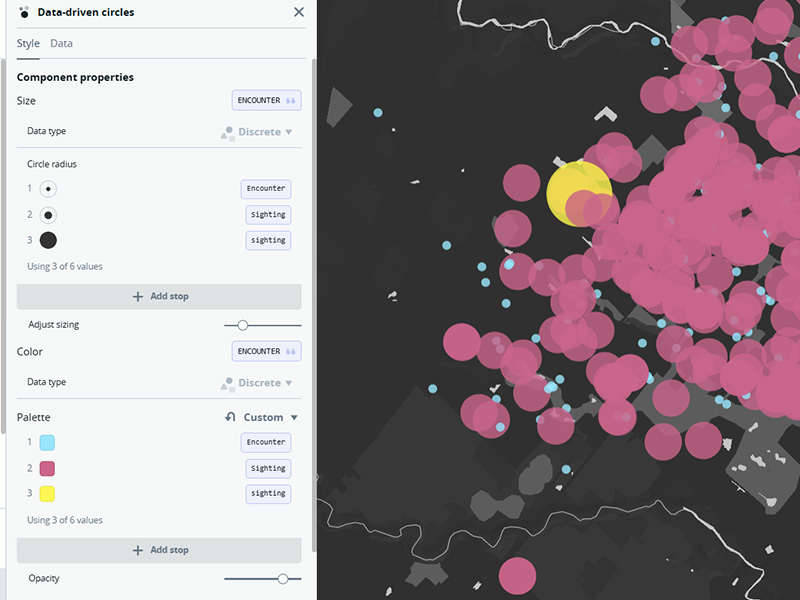 this map used data driven circles on a monochrom map to bring more attention to the colours and data associated with it. This is my favourite version of the map since it's the easiet to read and looks clean.