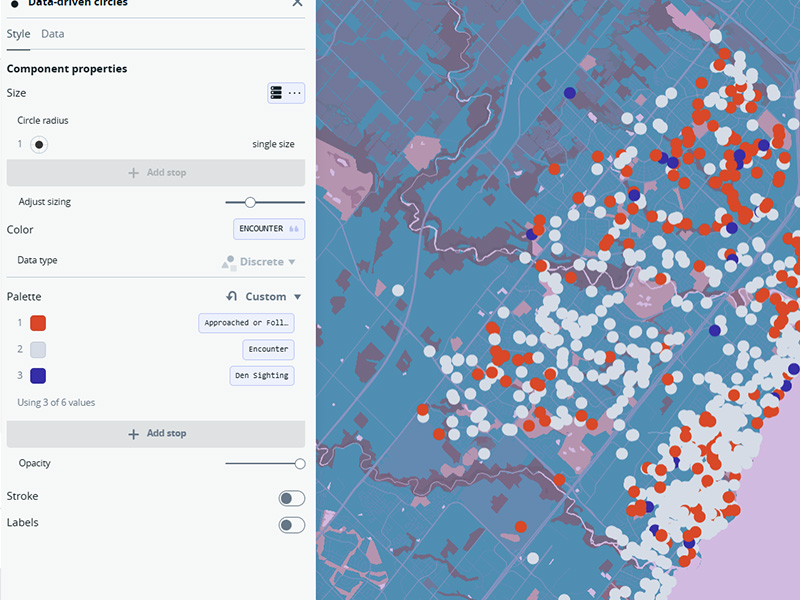 This was another expirience with the blue and purple map, but using data-driven circles. I don't usually see white used for this kind of visualization since a lot of maps I see are lighter in colour, so I used it here to see how it could impact the look of the data. 