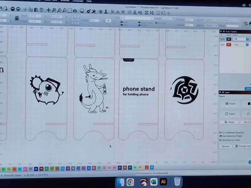 After sending it to the laser cutting room, me and my group got to see the pre-cutting preview for the phone holders, and some adjustments were made in order to make sure they printed properly. I know going forward that text has to be converted before printing and the design can only be pure black or it won't printer properly. 